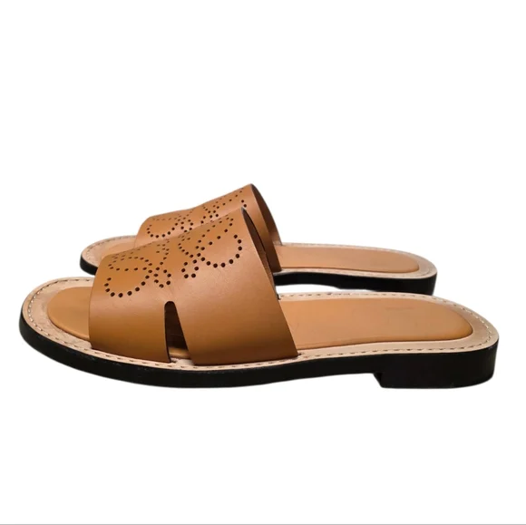 LOEWE Anagram Perforated Leather Slides Sandals Caramel - Size 10